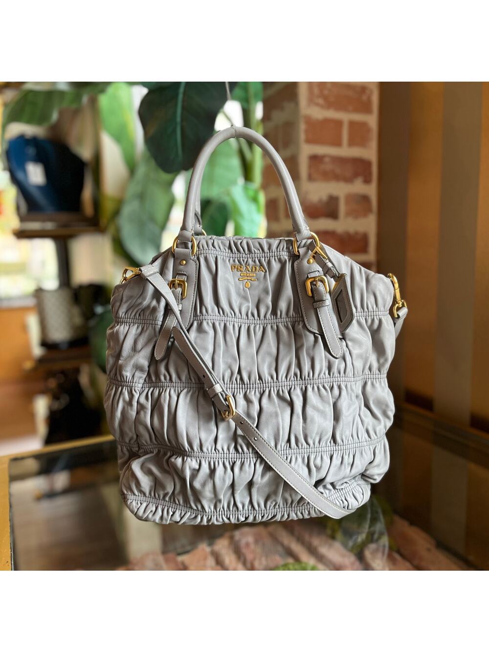 PRADA Gray Nappa Gaufre 2-Way Leather Tote Bag